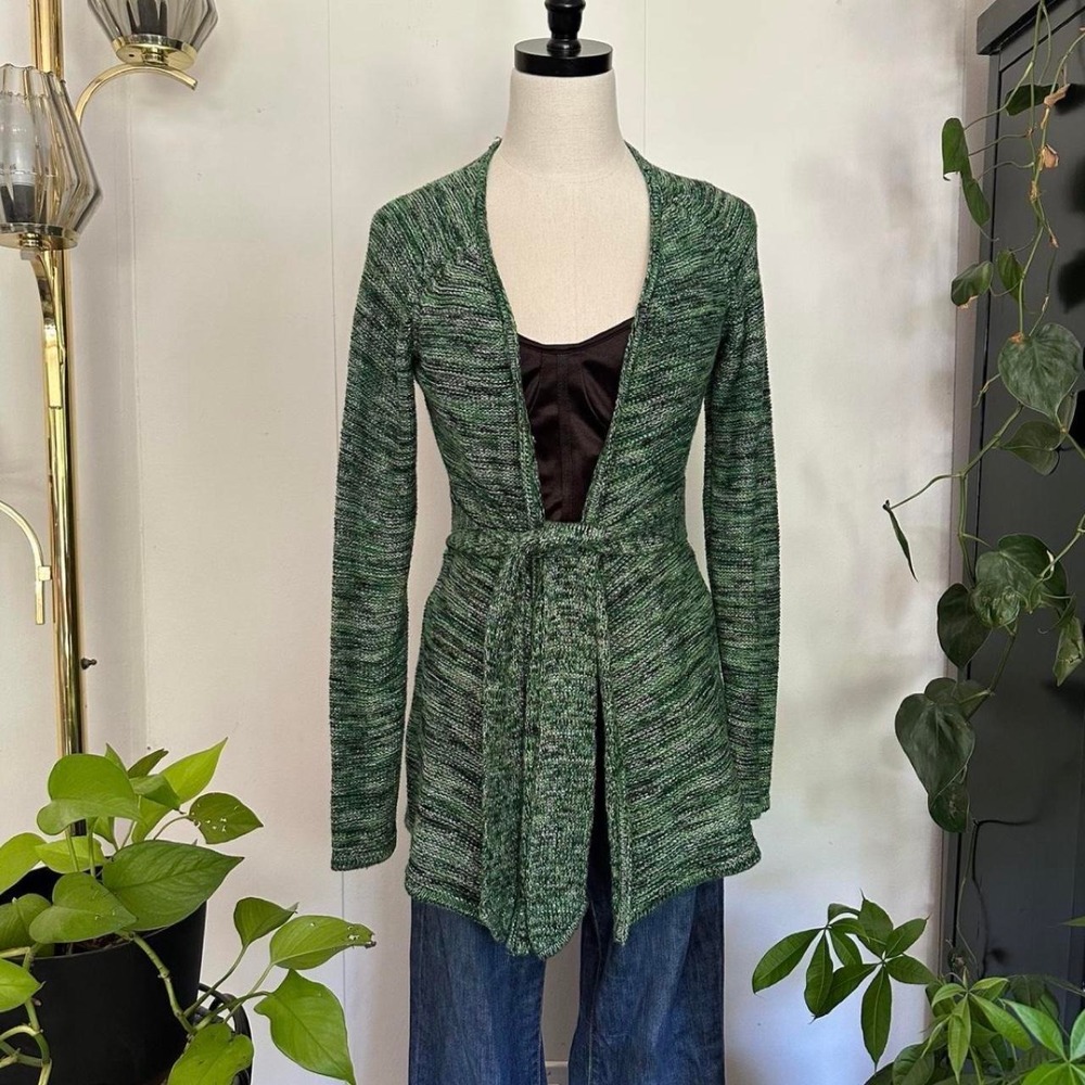 INC International Concepts Green Metallic Woven Tie Waist Cardigan Sweater M